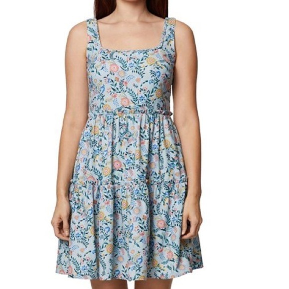 BCBGeneration Square Neck Mini Dress Women's 12 Geo Floral Ruffled Zip Closure - Picture 13 of 14